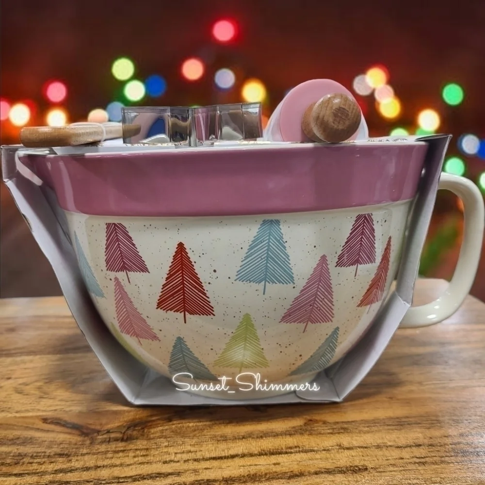5pc Pastel Christmas Tree Handle Mixing Bowl Spatula Cookie cutters Rolling Pin